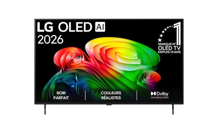 La vue avant de la LG OLED AI B6, lancée en 2026, affiche une image de formes multicolores superposées, avec le noir absolu et les couleurs fidèles, ainsi que le badge OLED TV n° 1 au monde pendant 13 ans.